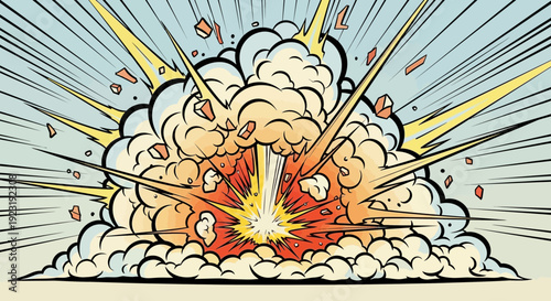 Vibrant cartoon explosion with dynamic light rays and smoke