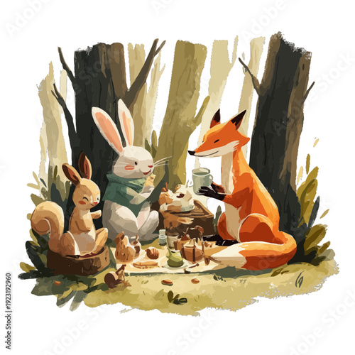animal friends picnic in the woods | rabbit squirrel fox | anthropomorphic characters | sweet illustration | whimsical forest scene | playful storybook style | cozy outdoor gathering | colorful 