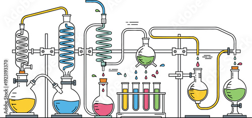 Colorful chemistry laboratory distillation set with glass flasks, test tubes, and coiled tubes for scientific research, education, and chemical experiment concept