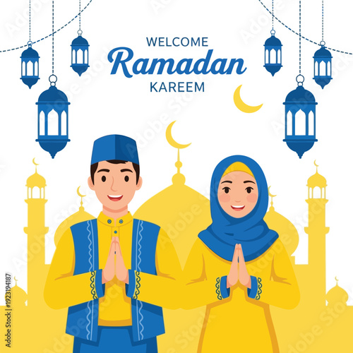 Welcome Ramadan Kareem Muslim Couple Greeting