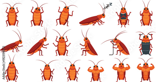 Funny cartoon cockroach character set featuring cute brown insects in various poses like reading, sleeping, and showing muscles for pest control or education