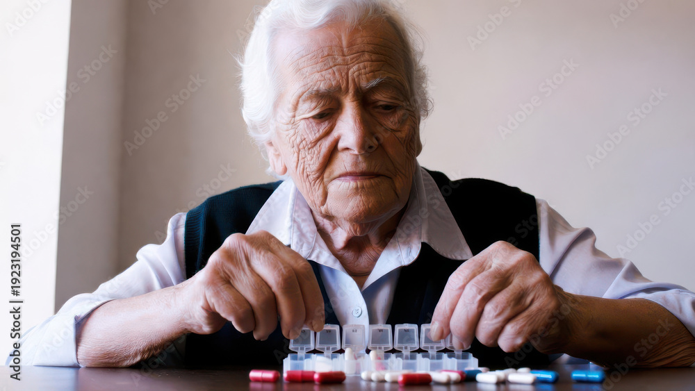 © Tati - An elderly person organizes their medication into a weekly pill dispenser.