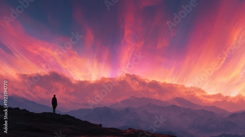Solitude at Sunset: A lone figure stands silhouetted against a breathtaking display of color in the evening sky, gazing upon a majestic mountain range. Evoking contemplation and the beauty of nature.