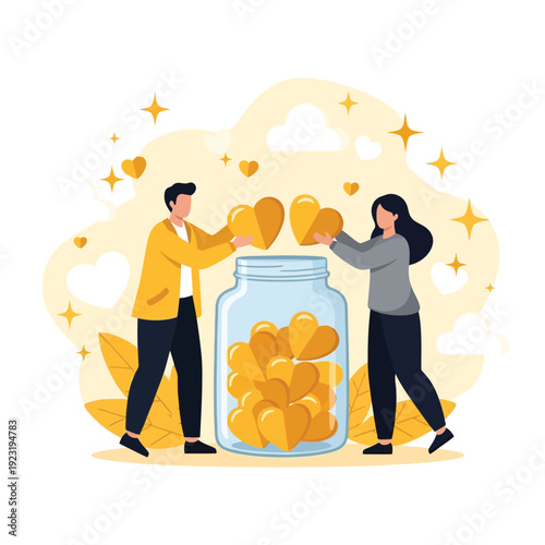 Couple Saving Golden Hearts in Jar Vector Illustration