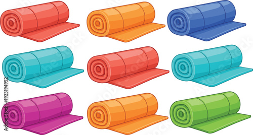 Colorful rolled yoga mat vector set for fitness gym workout pilates and meditation exercise equipment isolated on white background for wellness design