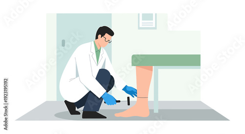 Doctor examining patient's leg reflex with reflex hammer in clinic