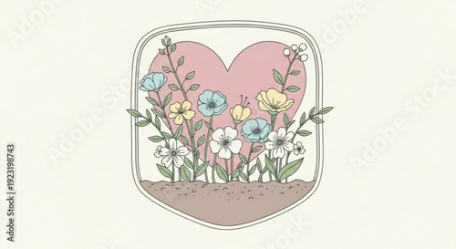 Colorful flowers in a heart shaped terrarium with soil and green leaves on a beige background
