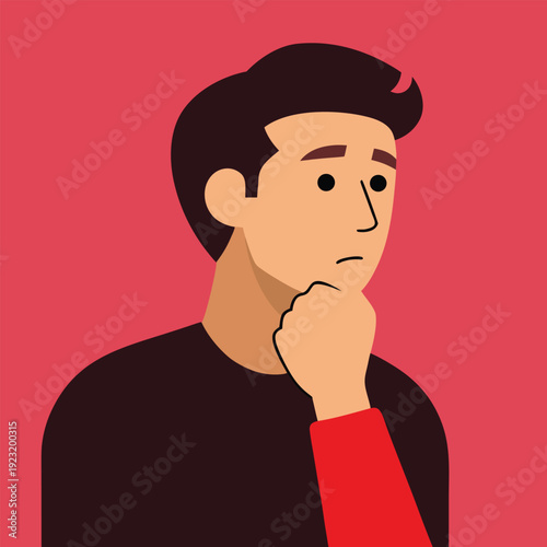 Thoughtful man touching chin with hand looking away in deep concentration on red background vector