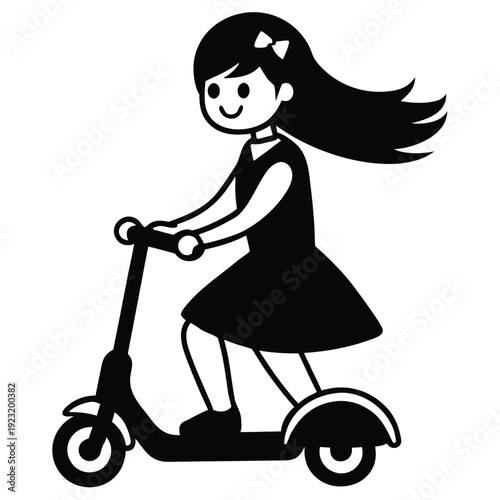 Happy girl riding kick scooter with long hair blowing in wind silhouette black and white illustration