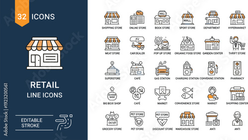 Set of 32 editable retail line icons for commercial storefronts shopping centers and urban consumer service branding