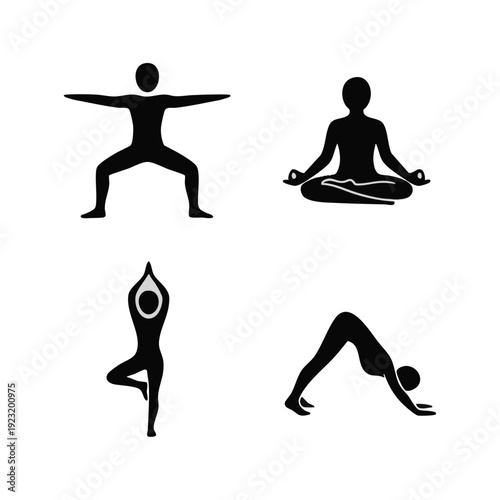 Yoga and meditation pose icon set, wellness fitness concept, clean silhouette style