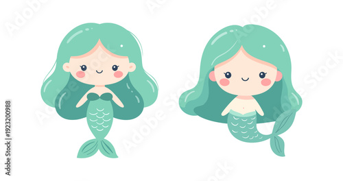 Cute kawaii mermaid illustration with soft pastel palette and simple shapes, suitable for invitation
