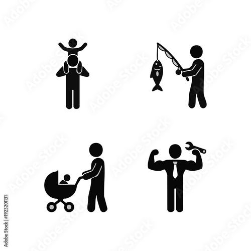 Parenting and daily activity icon set, family care concept, minimal silhouette style