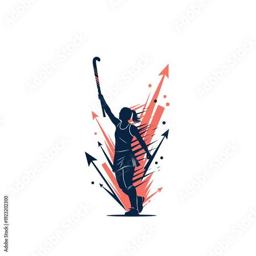 Female field hockey player silhouette with upward arrows.