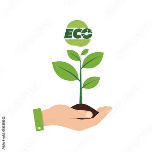 Hand holding plant sprout with ECO logo, growth concept, sustainability, environment