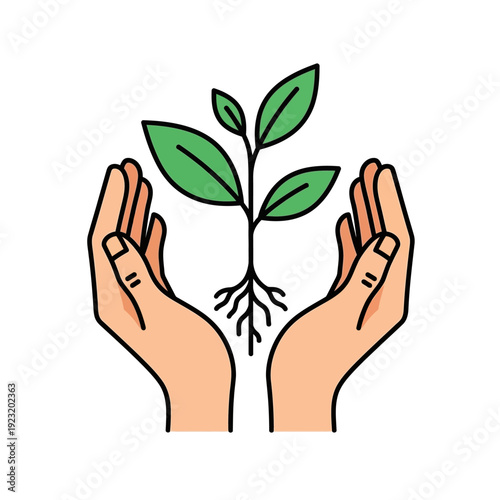 Hands cradling a young green plant sprout with roots, symbolizing growth and care.