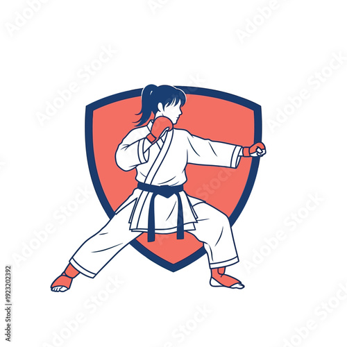 Female karate fighter in a defensive stance with a shield background.