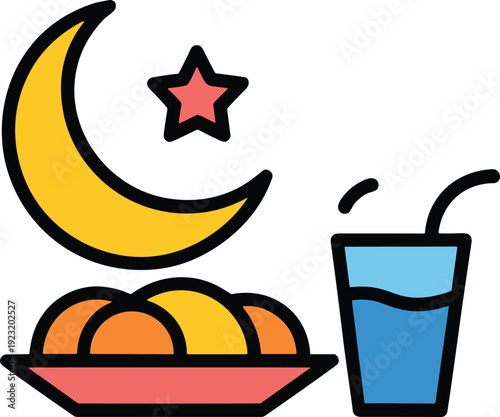 Color Ramadan iftar icon set, crescent moon star dates plate and drink glass, simple Islamic festival food vectorColo