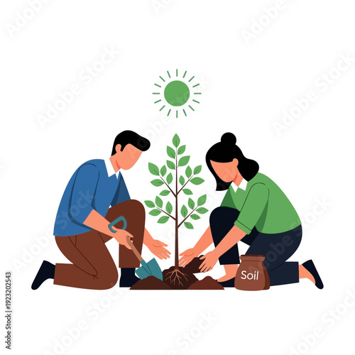 Couple planting a tree, gardening and environment concept vector illustration