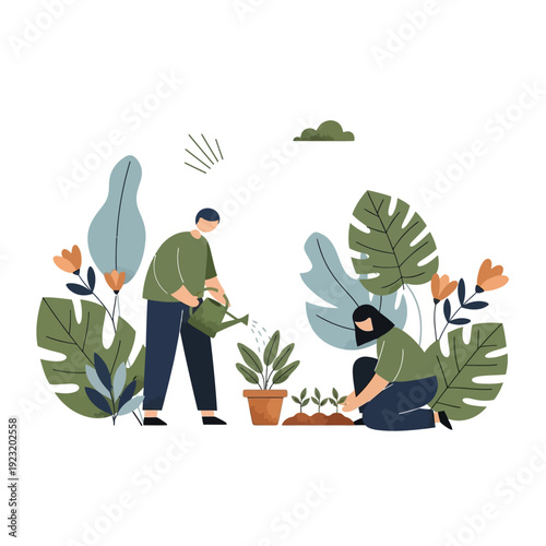 Couple Tending Garden, Watering Plants, Planting Sprouts, Nature Illustration