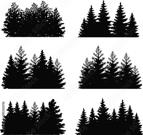 Dense forest tree silhouette bundle, mixed pine woodland clusters for landscape backgrounds, natural outdoor black vector illustration collection