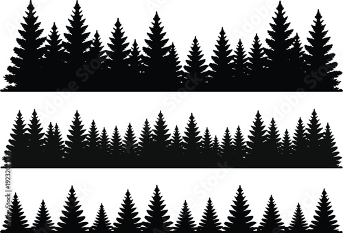 Evergreen pine forest silhouette borders bundle, woodland tree horizon dividers for landscape backgrounds natural outdoor black vector illustration