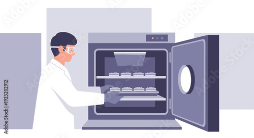 Scientist placing petri dishes in laboratory oven for sterilization or incubation