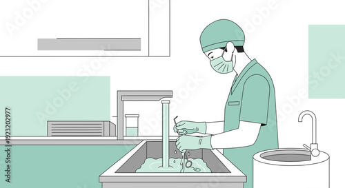 Surgeon Washing Surgical Instruments in Clinic Sink, Healthcare Hygiene Concept