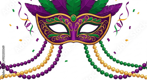 Mardi gras mask with purple green and gold beads and feathers on white background with confetti
