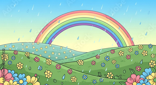 Vibrant rainbow appears in sky over rolling green hills with colorful flowers on a rainy day