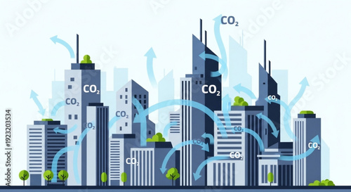 Cityscape with co2 emissions rising from buildings urban pollution concept