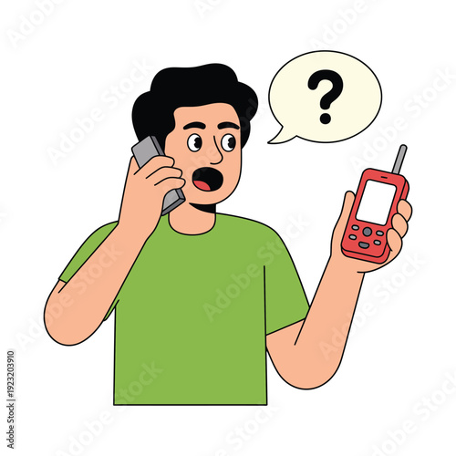 Man holding two cell phones looks confused with a question mark in a speech bubble