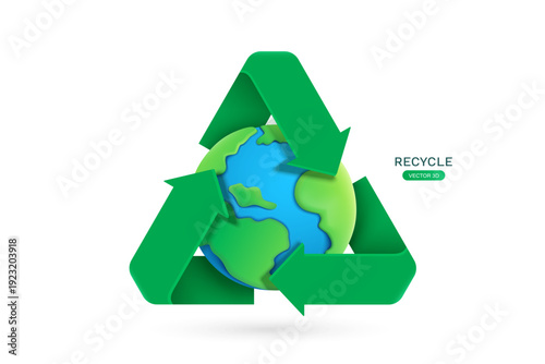 green recycle logo or icon rotating around globe love earth campaign, environmental conservation or waste separation for World Recycling day, 3D vector isolated on white background suitable for design