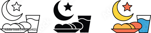 Ramadan iftar meal icon styles, outline solid and colored crescent moon star dates plate drink Islamic vector set