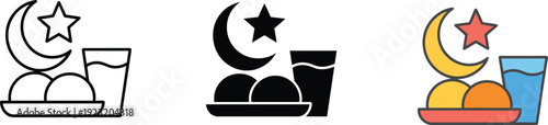 Ramadan iftar icon styles set, outline solid and color crescent moon star dates plate drink Islamic food iftar icon styles set,