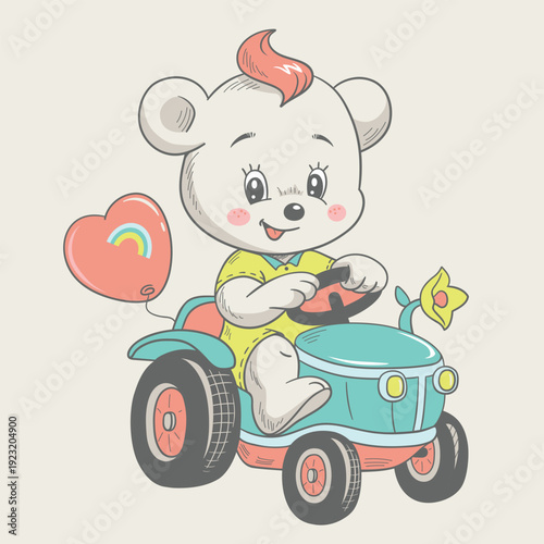 Cute bear cub riding a tractor cartoon hand drawn vector illustration. Can be used for t-shirt print, kids wear fashion design, baby shower invitation card.