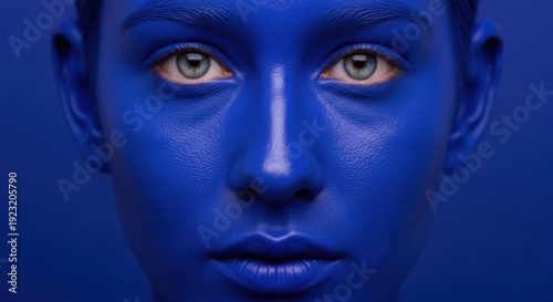 A woman with blue face paint and striking green eyes looks directly at the camera with a calm expression.