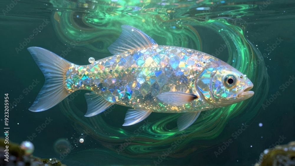 Fototapeta premium The Tesla fish swims through a green swirl in the ocean