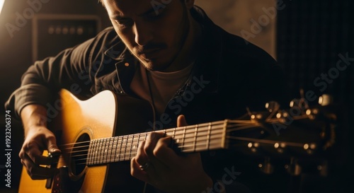 A man playing an acoustic guitar in a dimly lit room with a focused expression on his face.