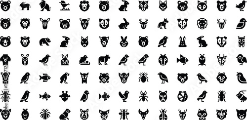 Grid of diverse animal icons including mammals, birds, insects, and aquatic species, stylized vector illustration for education, design, nature content