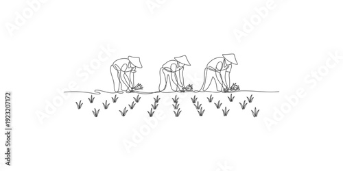 A minimalist line drawing showing three figures bent over planting seedlings in a field