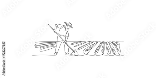 Black and white line art depicting a farmer cultivating a field with a traditional farming tool