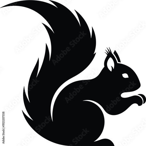 Squirrel silhouette sitting with bushy tail, holding paws near mouth, black vector illustration for wildlife, nature, and design projects
