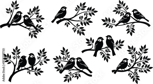 Collection of six bird silhouettes perched on tree branches with leaves, vector illustration for nature, decorative, wildlife, design themes