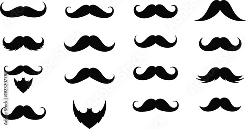 Mustache and beard silhouette collection, facial hair styles grid illustration, grooming icons, barbershop vector design elements