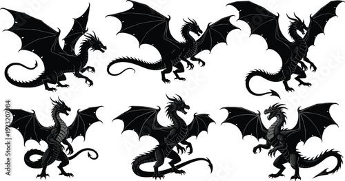Collection of six dragon silhouettes in varied poses with wings, tails, claws, and horns, vector illustration for fantasy, mythology, design themes