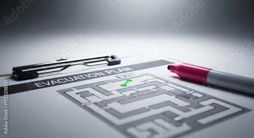 Evacuation plan diagram with pen and clipboard