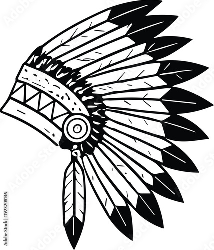 Native American headdress silhouette vector illustration with feathers, war bonnet design, cultural heritage, tribal art, traditional attire