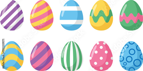 Colorful Easter egg collection with various patterns like stripes polka dots and waves flat design vector illustration isolated on white background