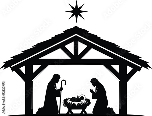 Nativity scene silhouette illustration, creative vector artwork, Christmas design element, religious tradition concept, abstract holy representation